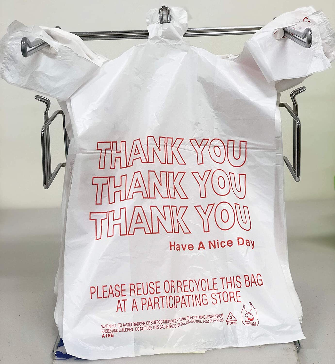 Bags 1/6 Large 21 x 6.5 x 11.5 “Thank You” T-Shirt Plastic Grocery Shopping Bags