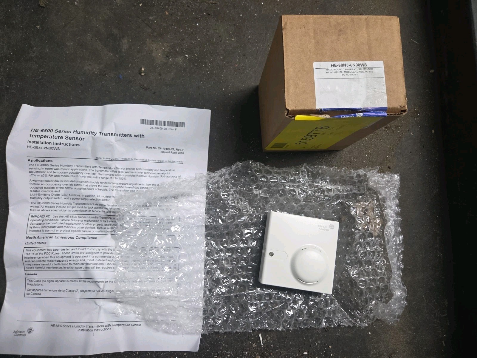 Johnson Controls Wall Mount Humidity/Temperature Sensor *HE-68N3-0N00WS