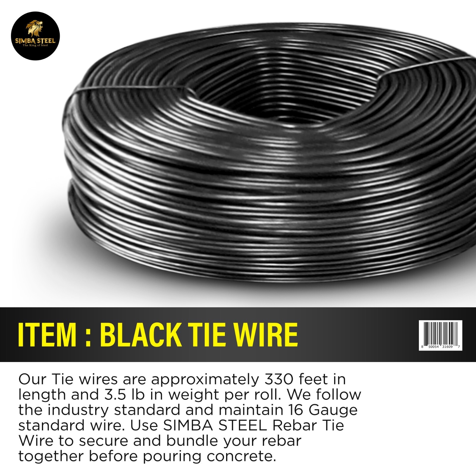 ReBar Tie Wire, 16 Gage Black Soft Annealed, 3.5lb Rolls 1 – 100 Qty SIMBA STEEL