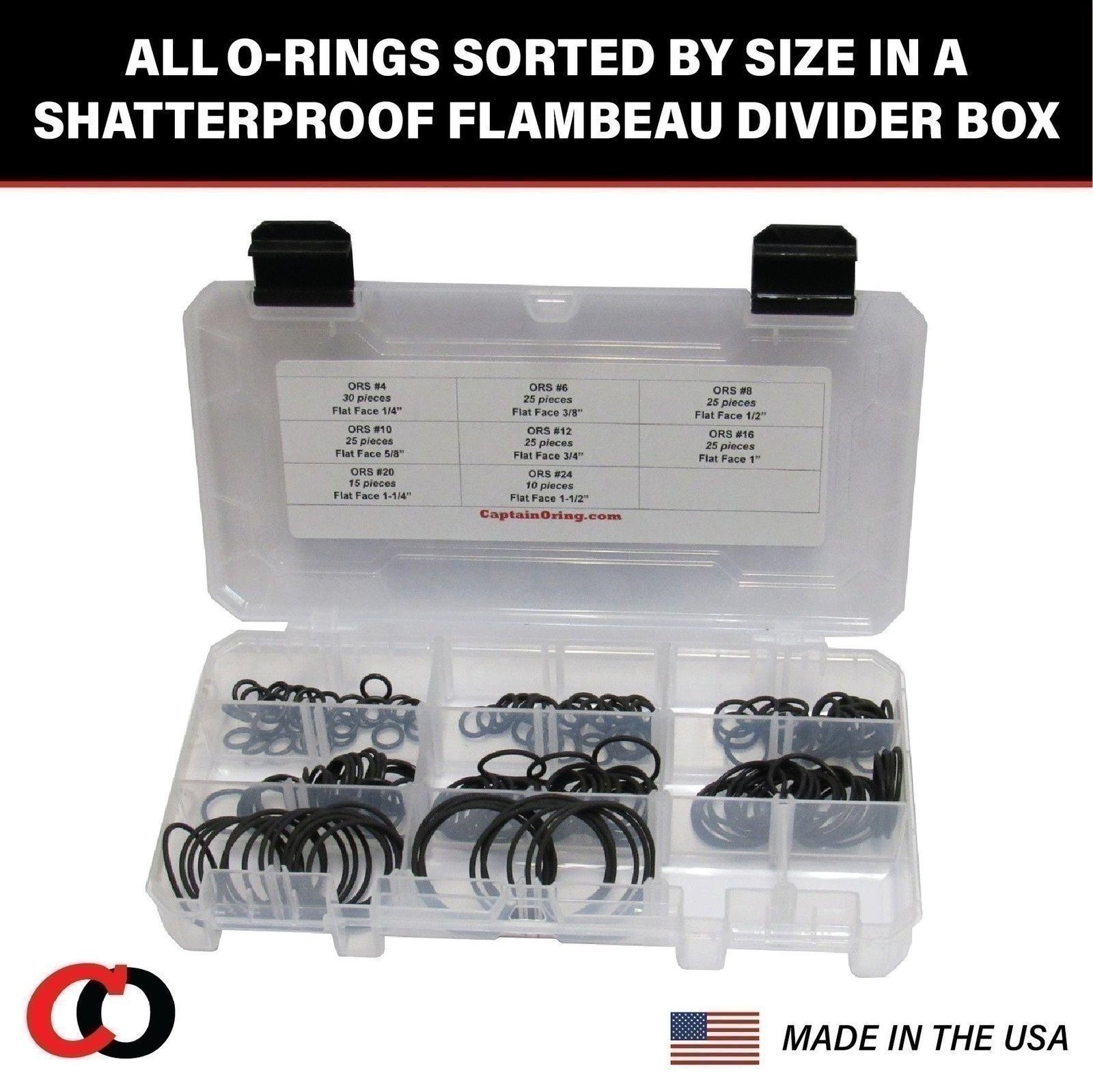 Captain O-Ring ORS/ORFS Flat Face Hydraulic Oring Seal Kit (180pc, Buna 90)