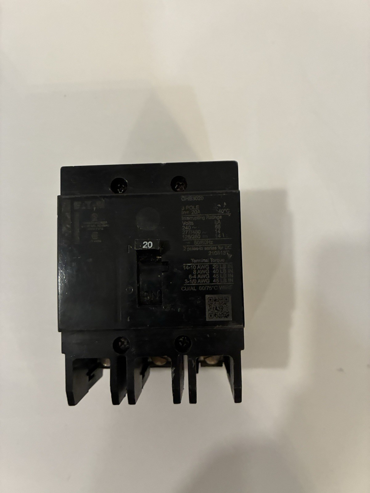 EATON GHB3020 BOLT-ON CIRCUIT BREAKER, GHB, 3-POLE, 20A, 277/480V
