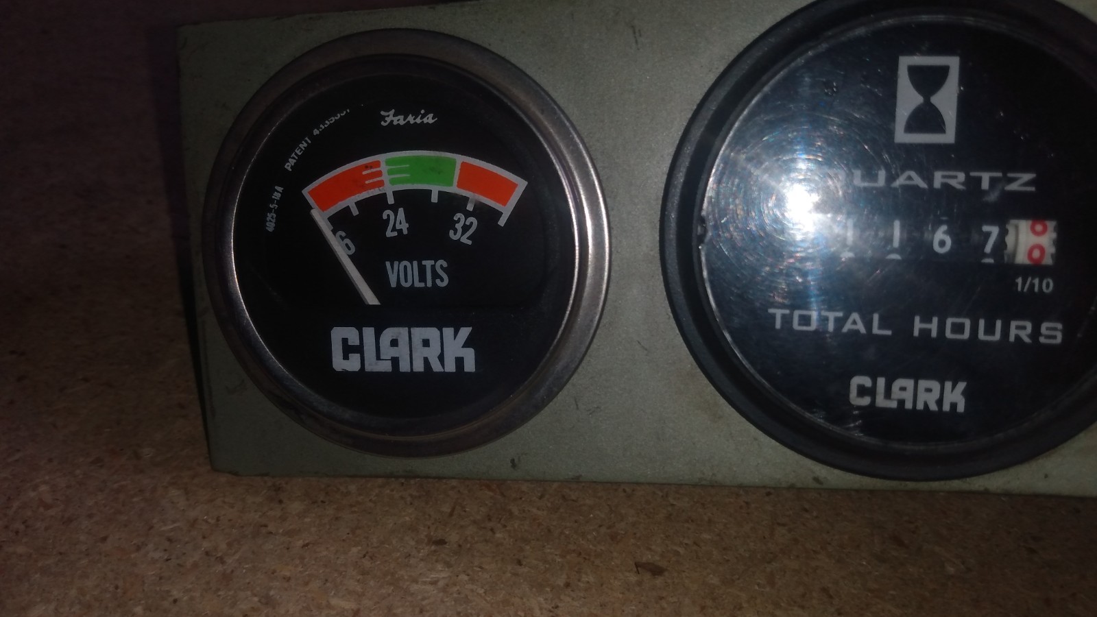 Clark Volt Meter, Hours Meter, Key Switch and Fuse Holder on steel panel – used