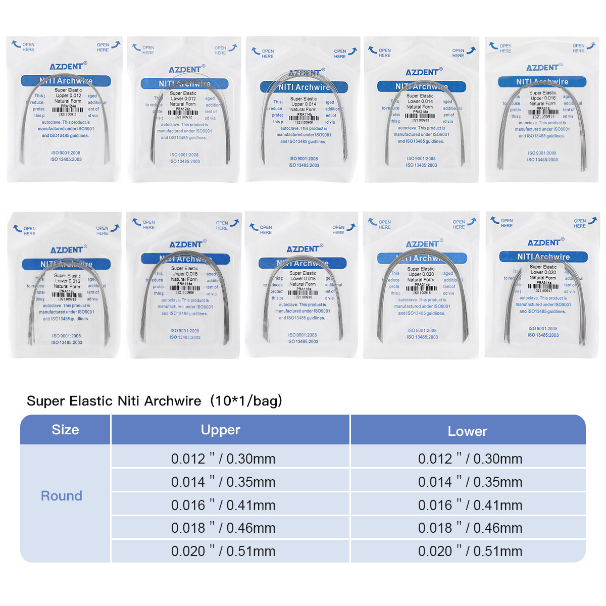 AZ Dental Orthodontic Arch Wire Super Elastic Niti Round Natural form 10pc/pk