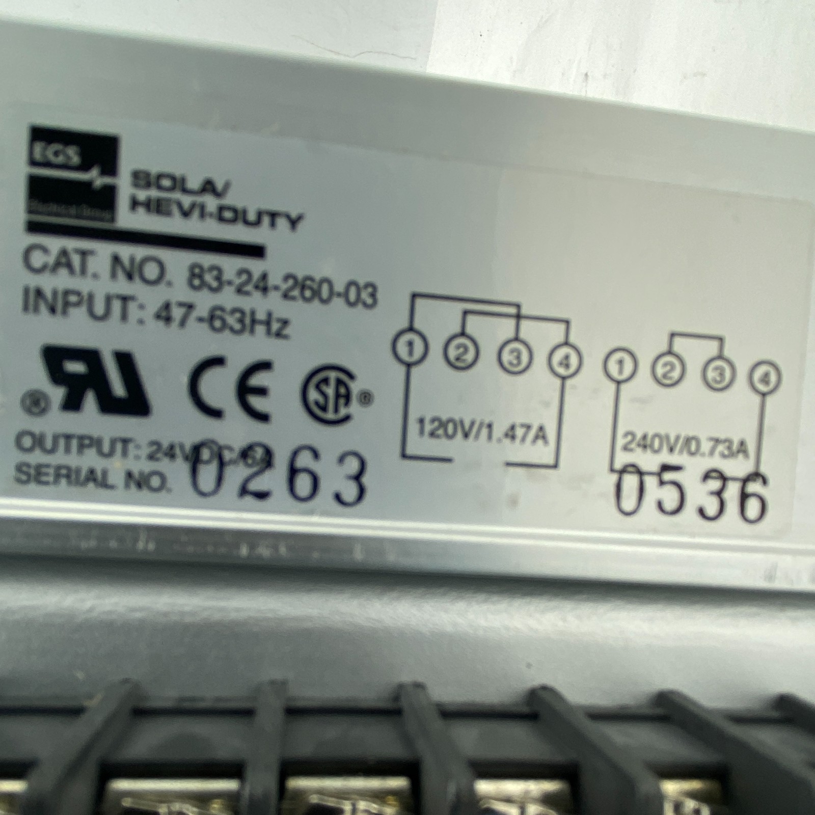 SOLA/ HEVI-DUTY 83-24-260-03 LINEAR POWER SUPPLY EGS 832426003, 47-63HZ 24VDC