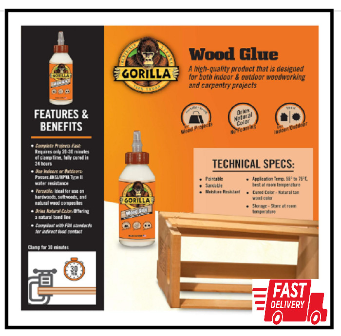 Gorilla Wood Glue; 8 Ounce Bottle; Natural Wood Color; (Pack of 1)