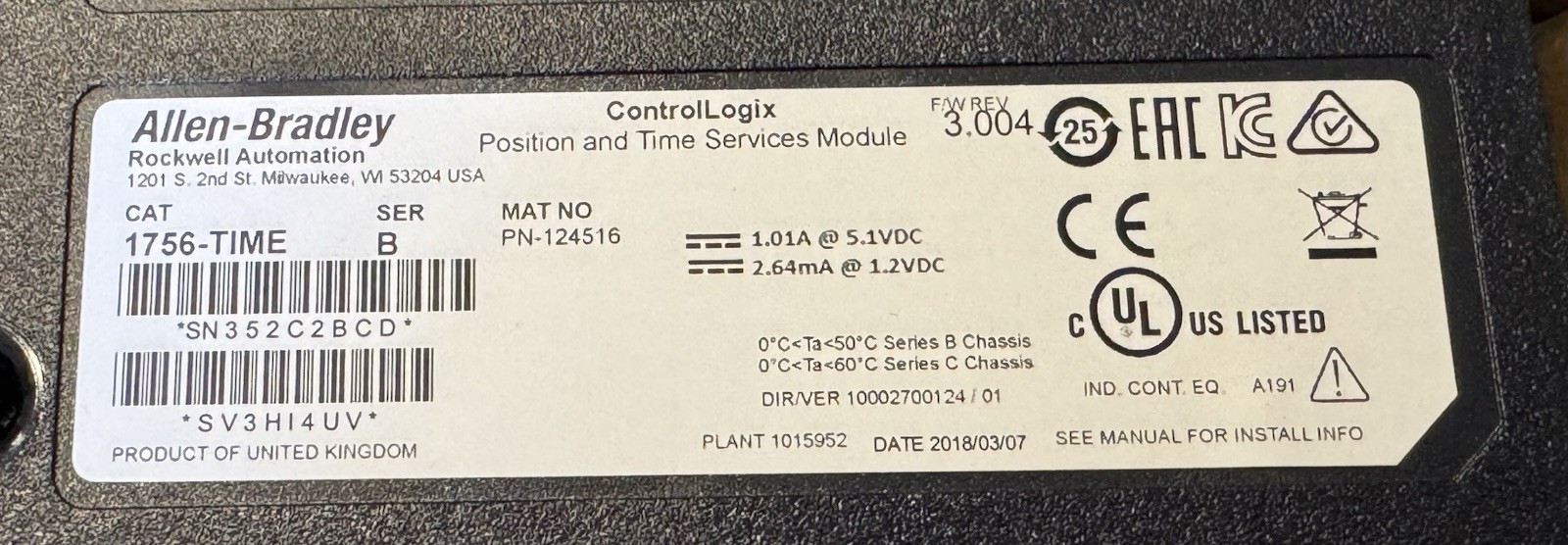 Surplus ALLEN BRADLEY 1756-TIME /B ControlLogix POS/TIME SERVICE MODULE 1756TIME