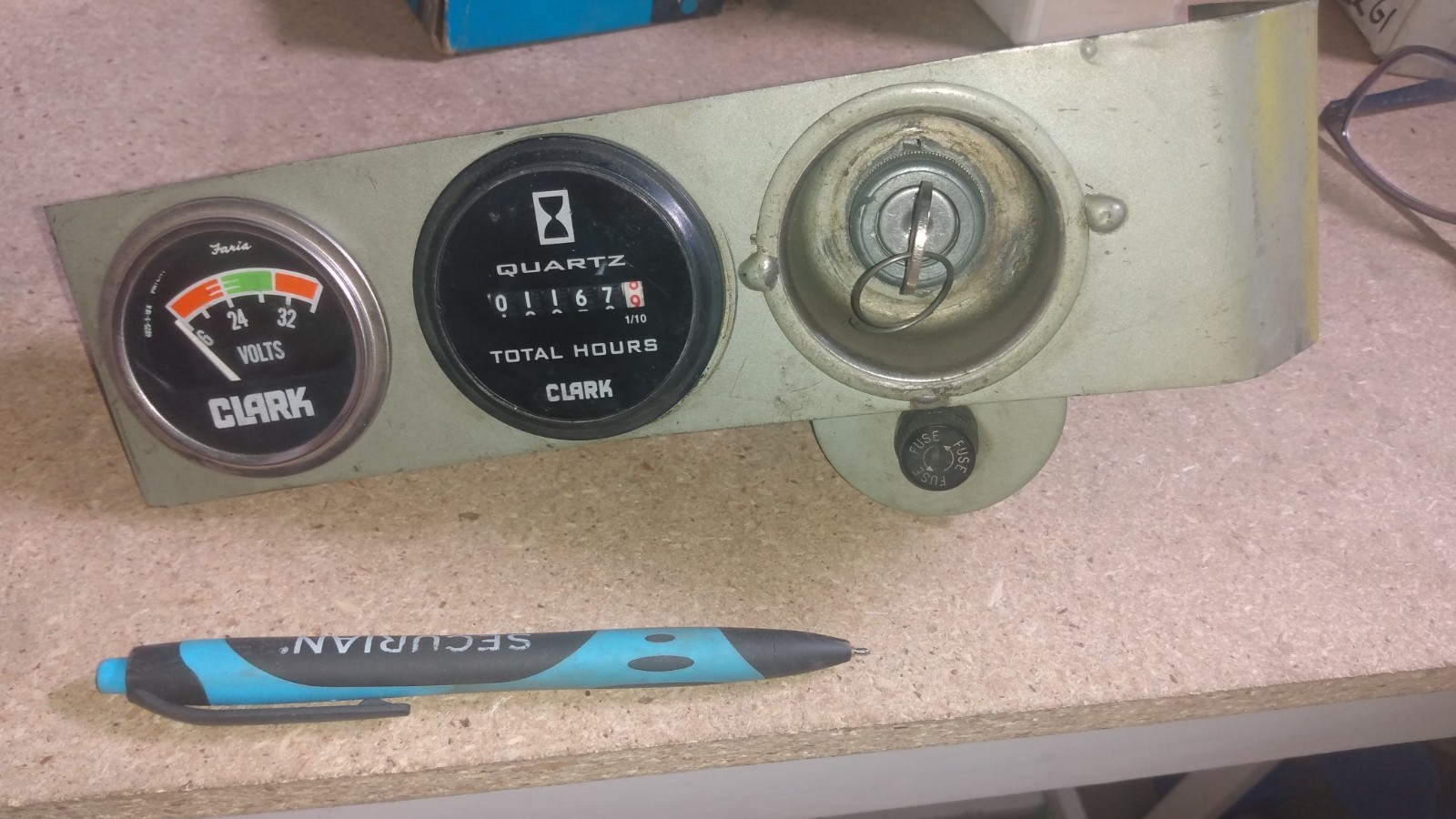 Clark Volt Meter, Hours Meter, Key Switch and Fuse Holder on steel panel – used