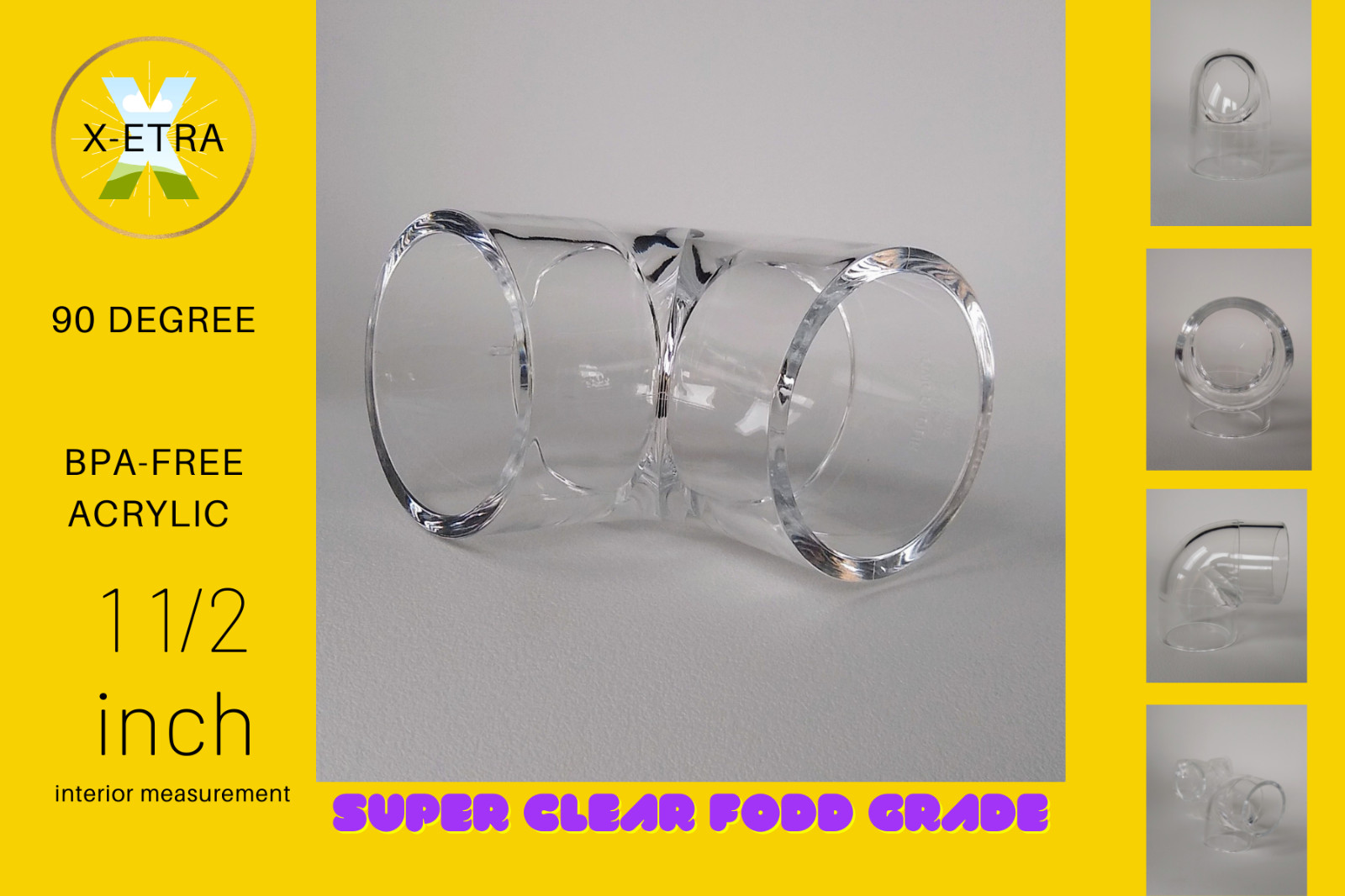 Clear Acrylic elbow 90 degree High clarity smooth finish, light weight. 1 1/2″