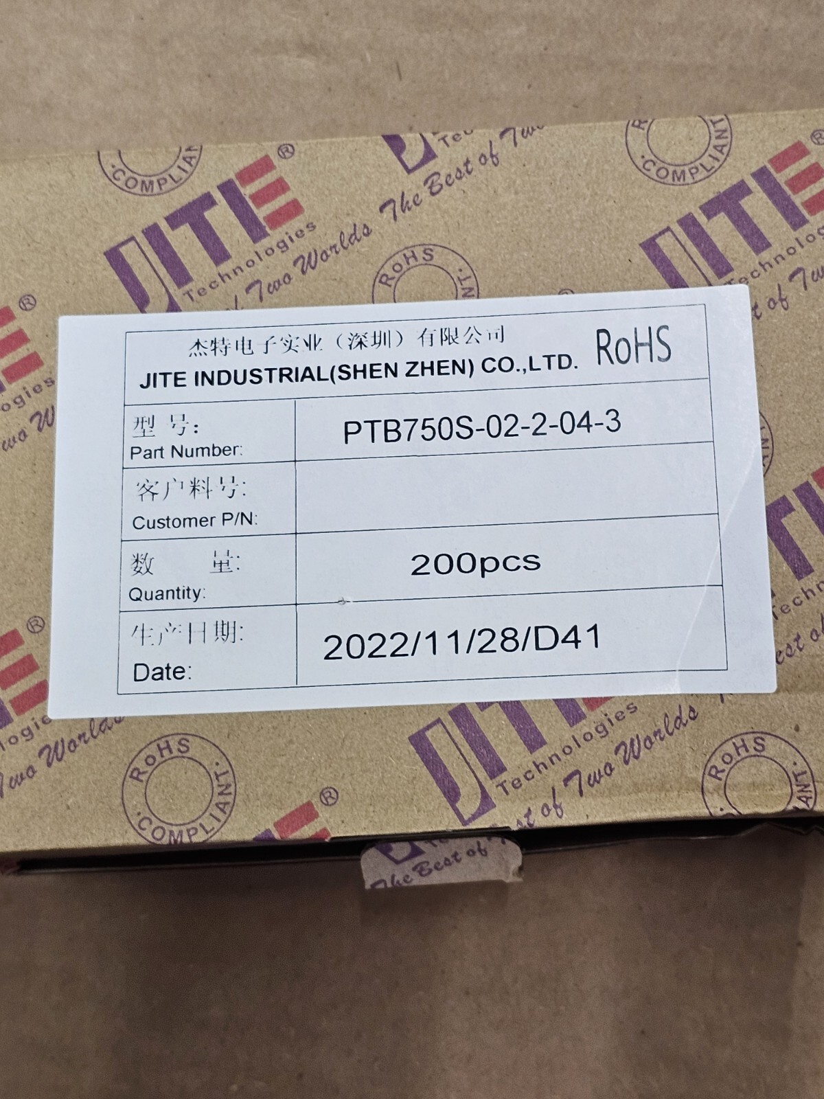 *1 BOX of 200* JITE Industrial Terminal Blocks PTB750S-02-2-04-3