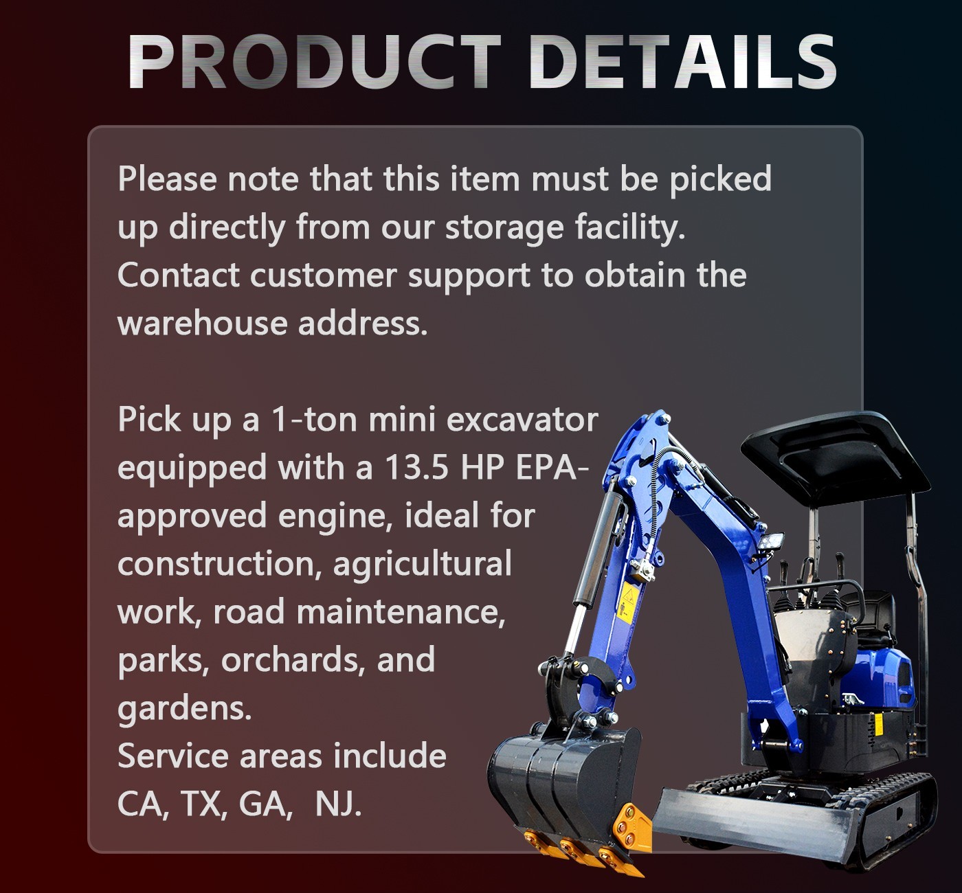 NJ CA GA TX Free PICK UP 1 Ton Mini Excavator Mini Digger 13.5hp Gas EPA Engine