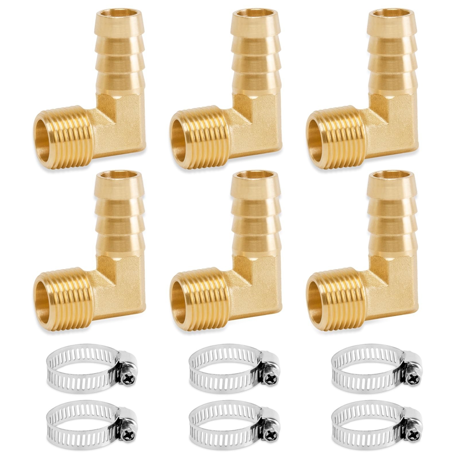 90° Elbow Brass Hose Barb Fittings 1/2″ x 3/8″ NPT Male Adapter + Clamps (6-Pack