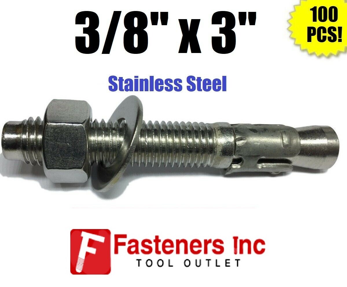 (QTY 100) 3/8″ x 3″ Concrete Wedge Anchor Stainless Steel Grade 304 3/8-16 X 3″
