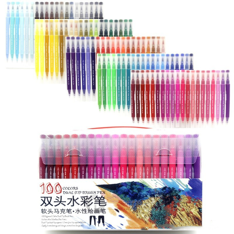 100 Colors Watercolor Dual Tip Brush Marker Pen Fineliner Ar