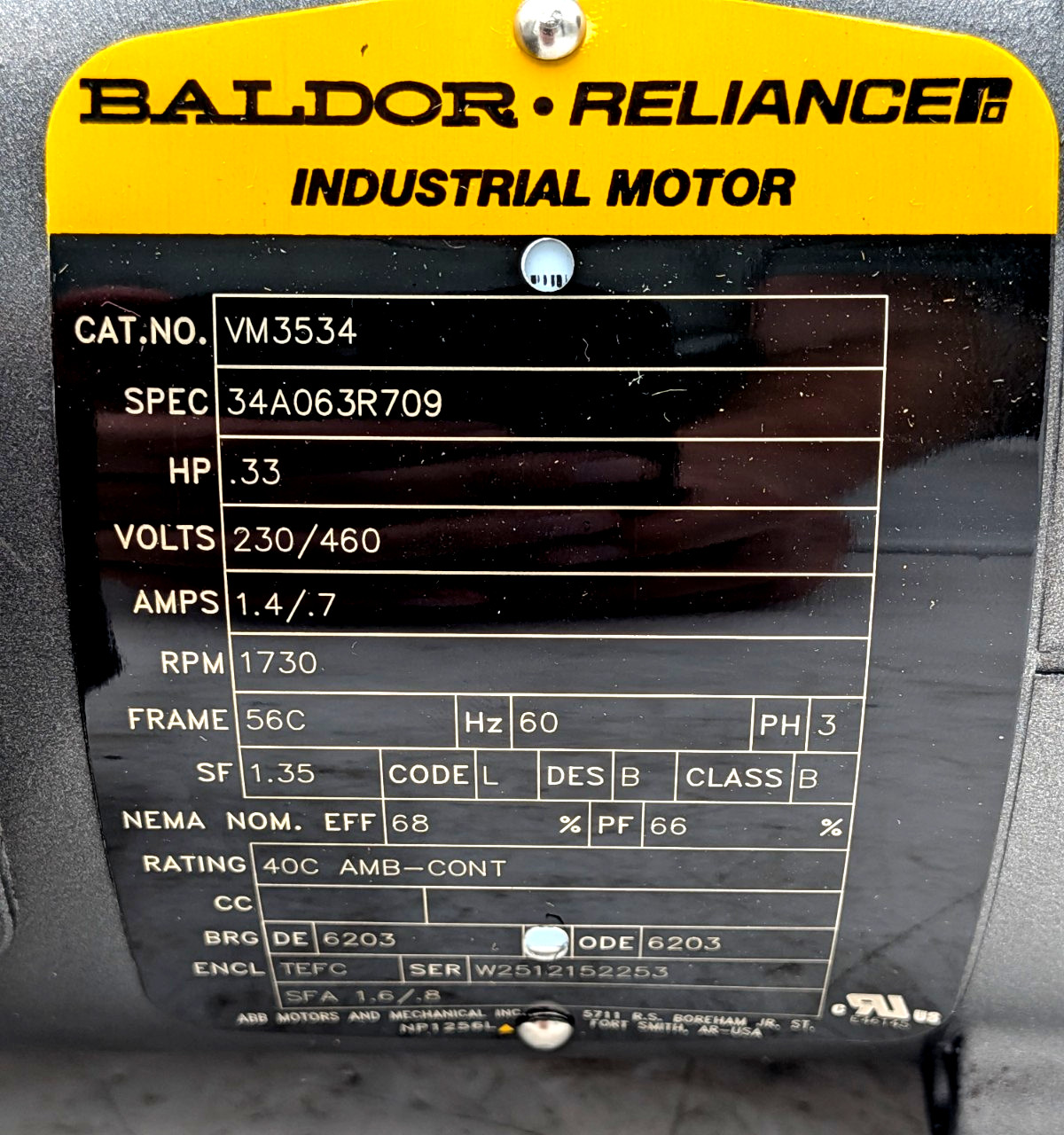 Baldor VM3534 AC Motor 1725 rpm 230/460V 1/3hp 3-Phase 56c C-Face TEFC