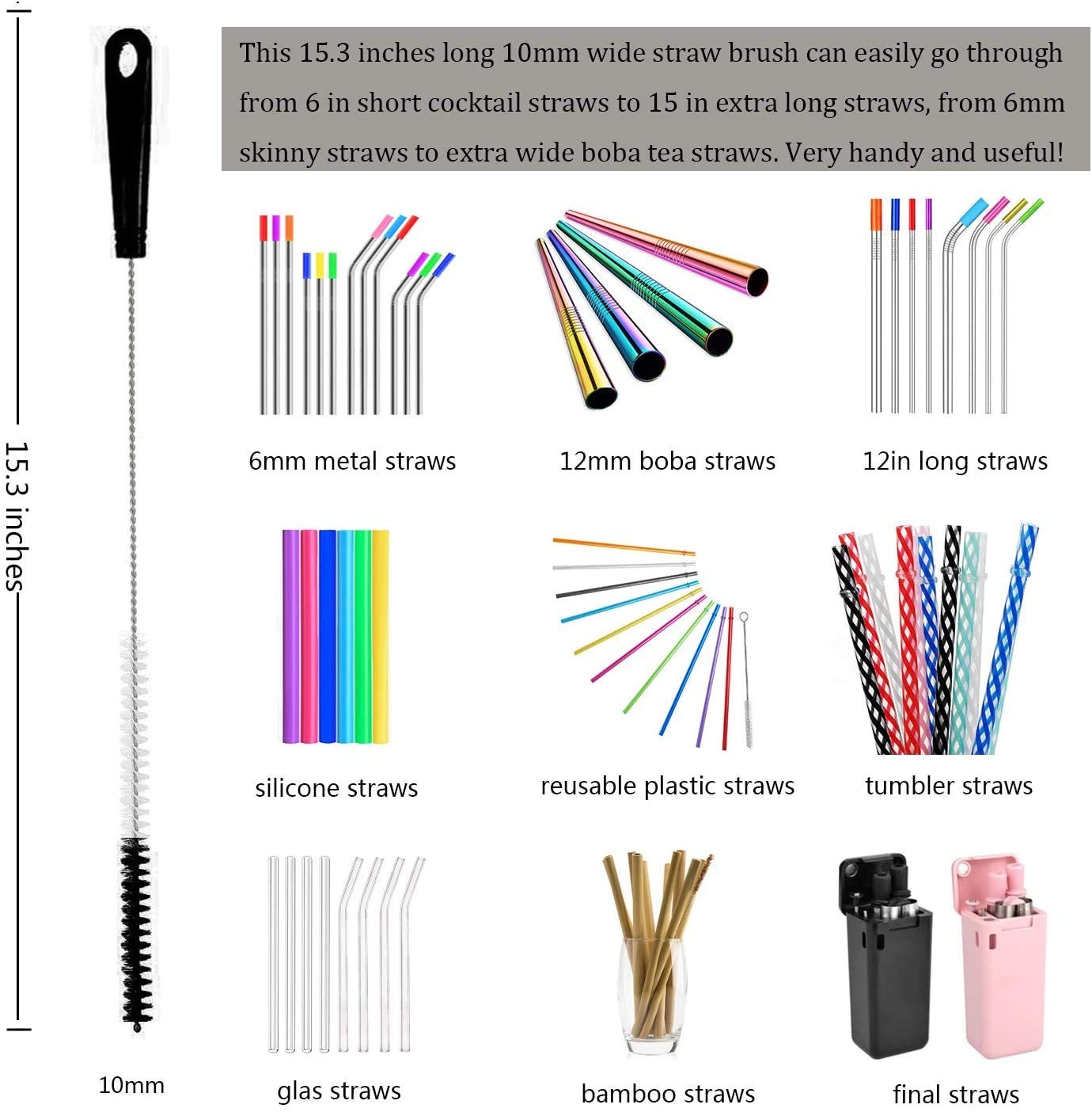 ALINK 8-Pack Bottle Cleaning Brush Set – Long 5 Piece Assortment, Black