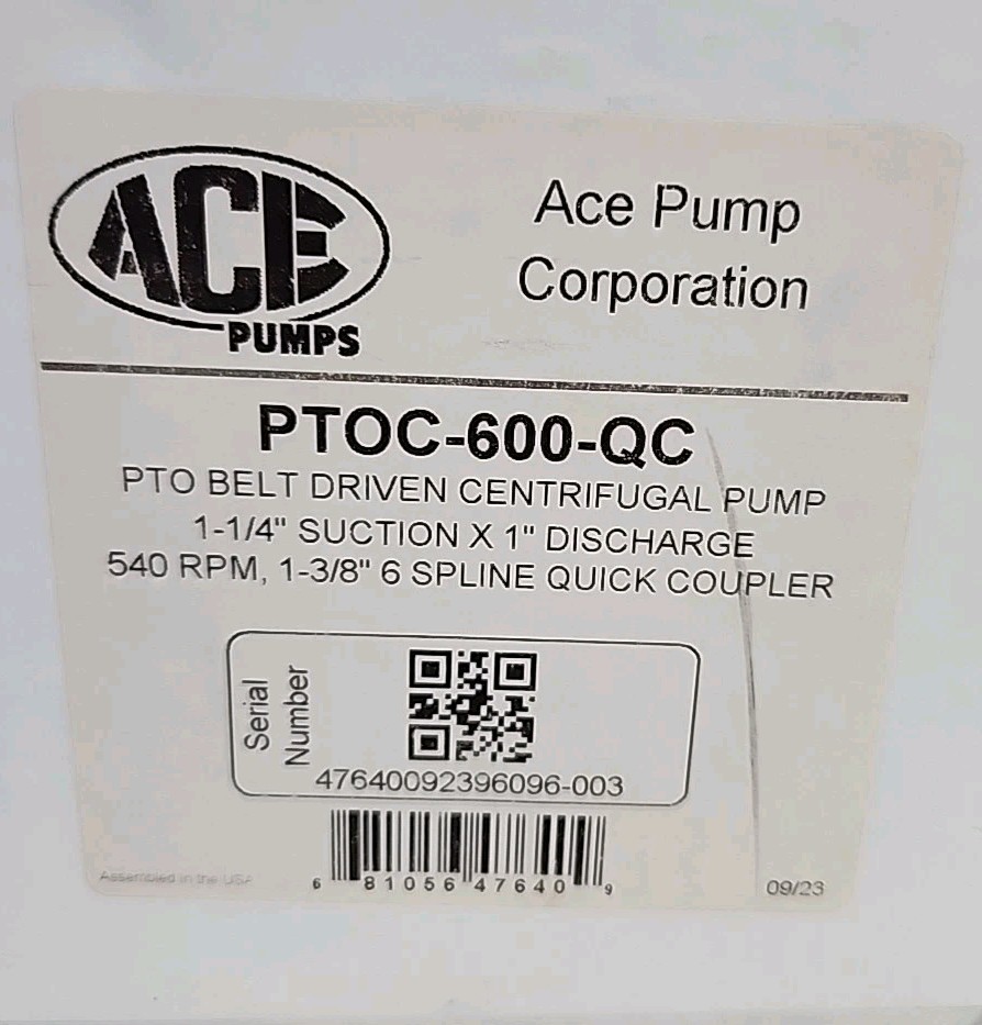 Ace Cast Iron PTO Belt Driven Centrifugal Pump 1.25″ Suction x 1″ Discharge