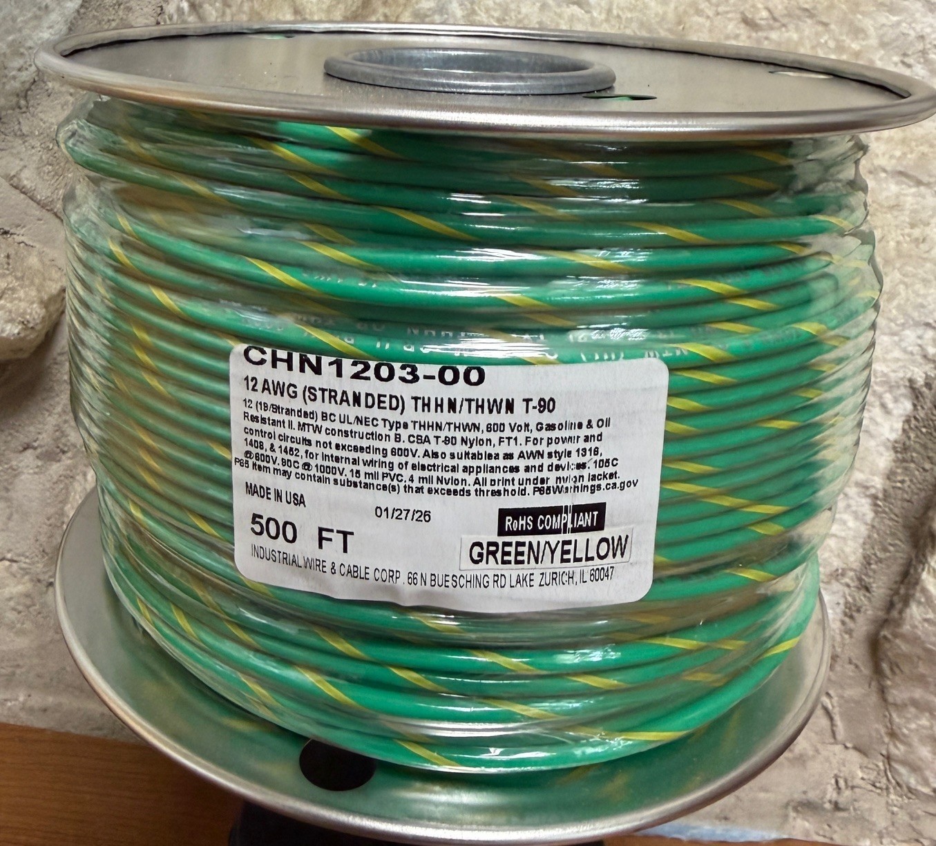 500 FT THHN/THWN WIRE. 12AWG STR BC 600 VOLT. MADE IN USA.WHT,ORG,BLK,orRED