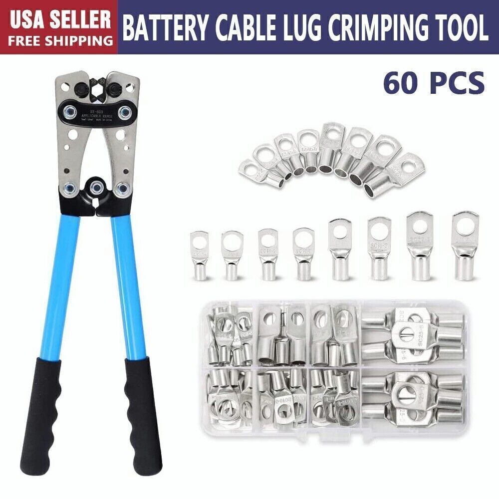 Battery Cable Lug Crimping Tool 10-1 AWG W 60PC Copper Ring Terminal Heavy Duty