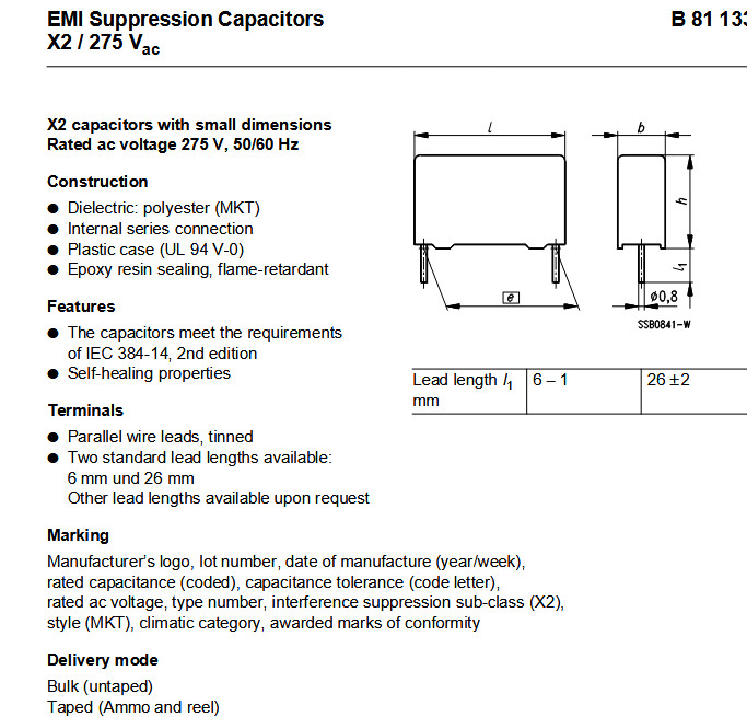 QTY (20) .47uf 275Vac 10% X2 EMI SUPPRESSION CAPACITORS B81133C1474K EPCOS