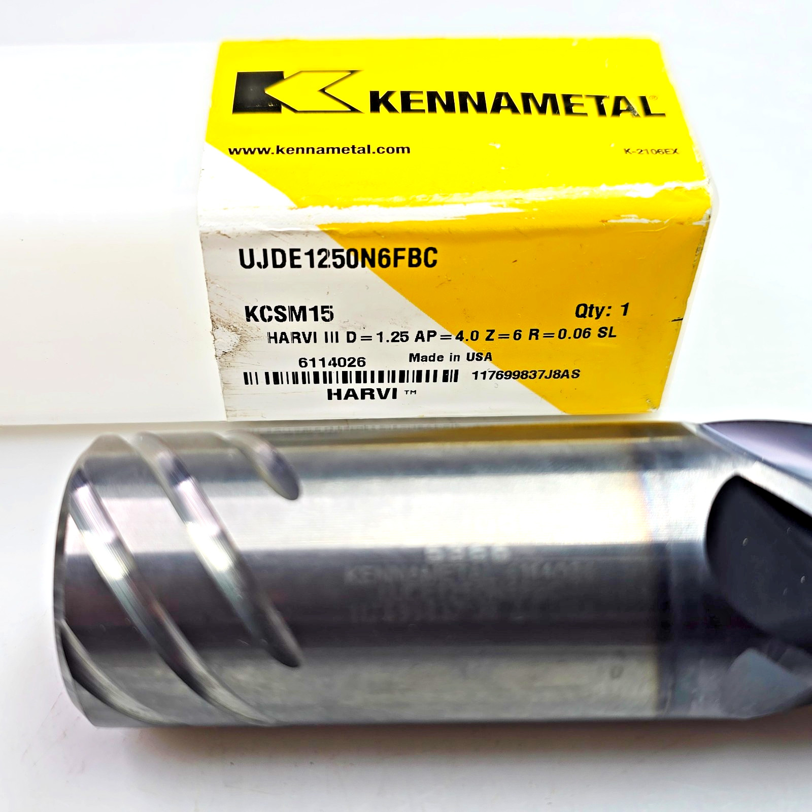 Kennametal 1-1/4″ x 1.25 x 4 x 7 R.06 Solid Carbide End Mill UJDE1250N6FBC