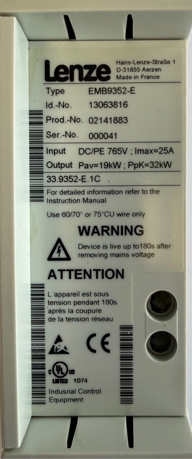 Lenze Brake Module / DC/PE 765V / 13063816 / EMB9352-E / New Without Original Packaging