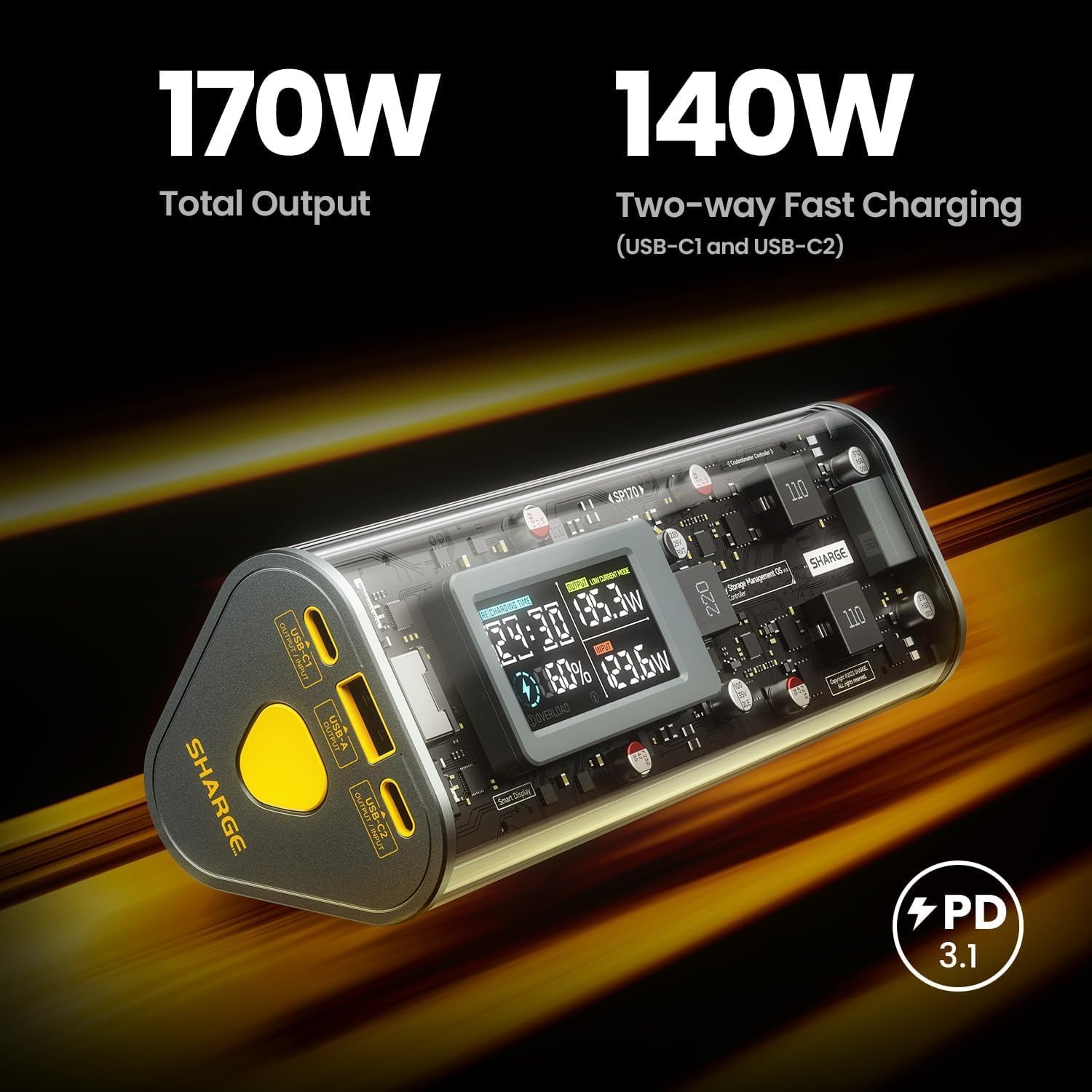 SHARGEEK 170 Power Bank, 140W Portable Charger 24000mAh/86.4Wh