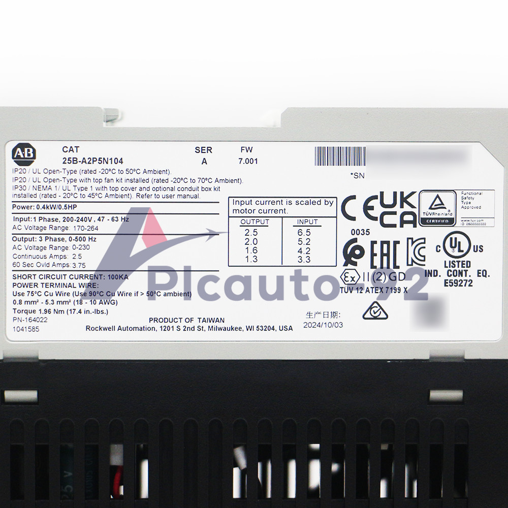 2025 New Allen Bradley 25B-A2P5N104 Ser A PowerFlex 525 AC Drive 0.4kW 0.5Hp