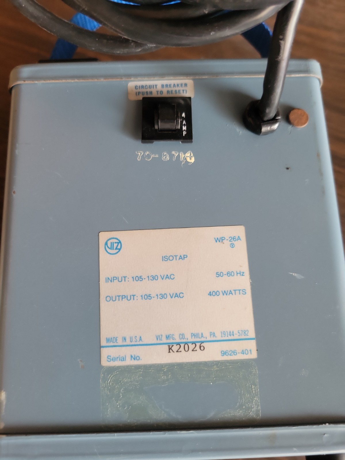 VIZ Isotap WP-26A 400VA Isolation Transformer 120VAC 50/60Hz