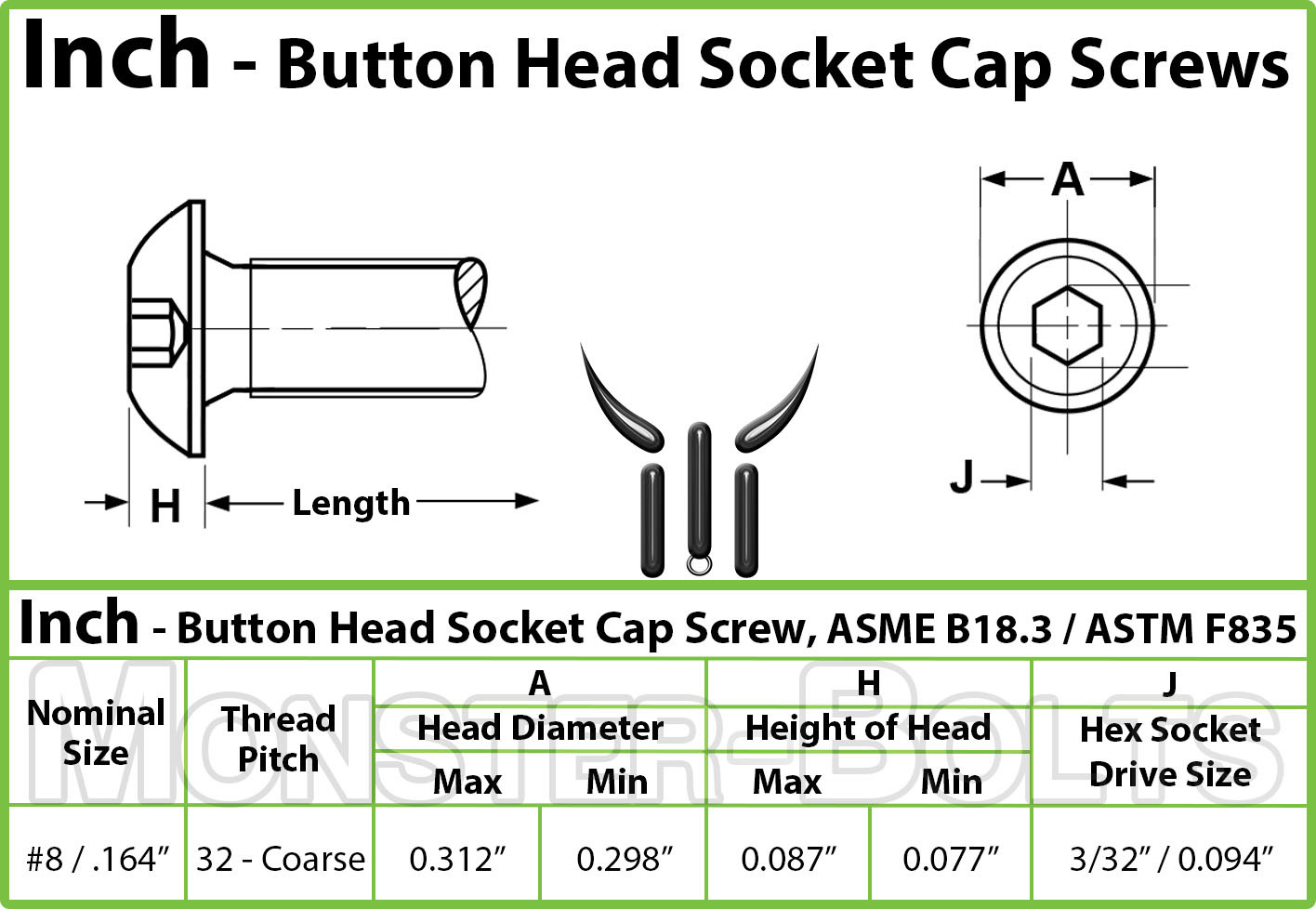 #8-32 Stainless Steel Button Head Socket Cap Screws, SAE Coarse Thread 18-8 A2