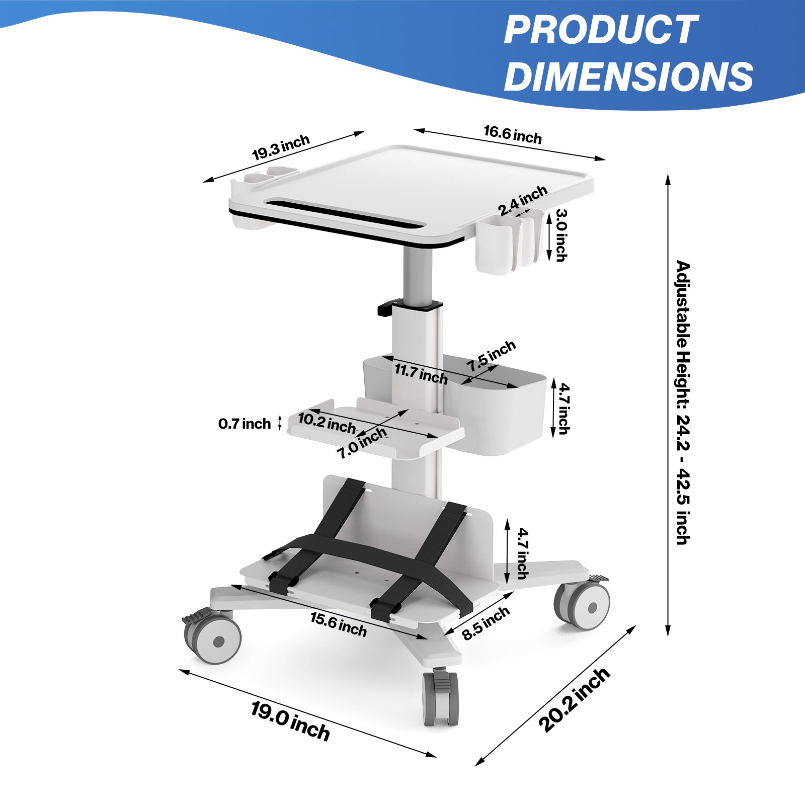 Medical Trolley Cart with Laptop Tray & Oral Scanner Holder, Height Adjustable