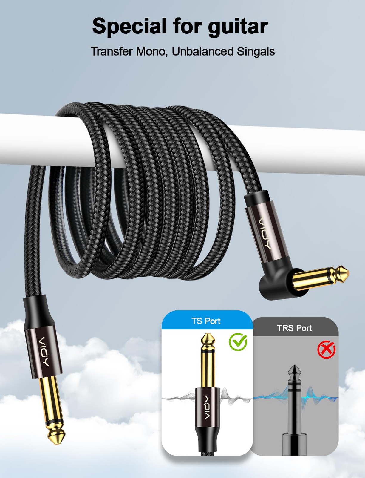 Guitar Cable 15 ft/5 M, Instrument Right Angle Cables, 6.35 mm (1/4) TS Unbal…