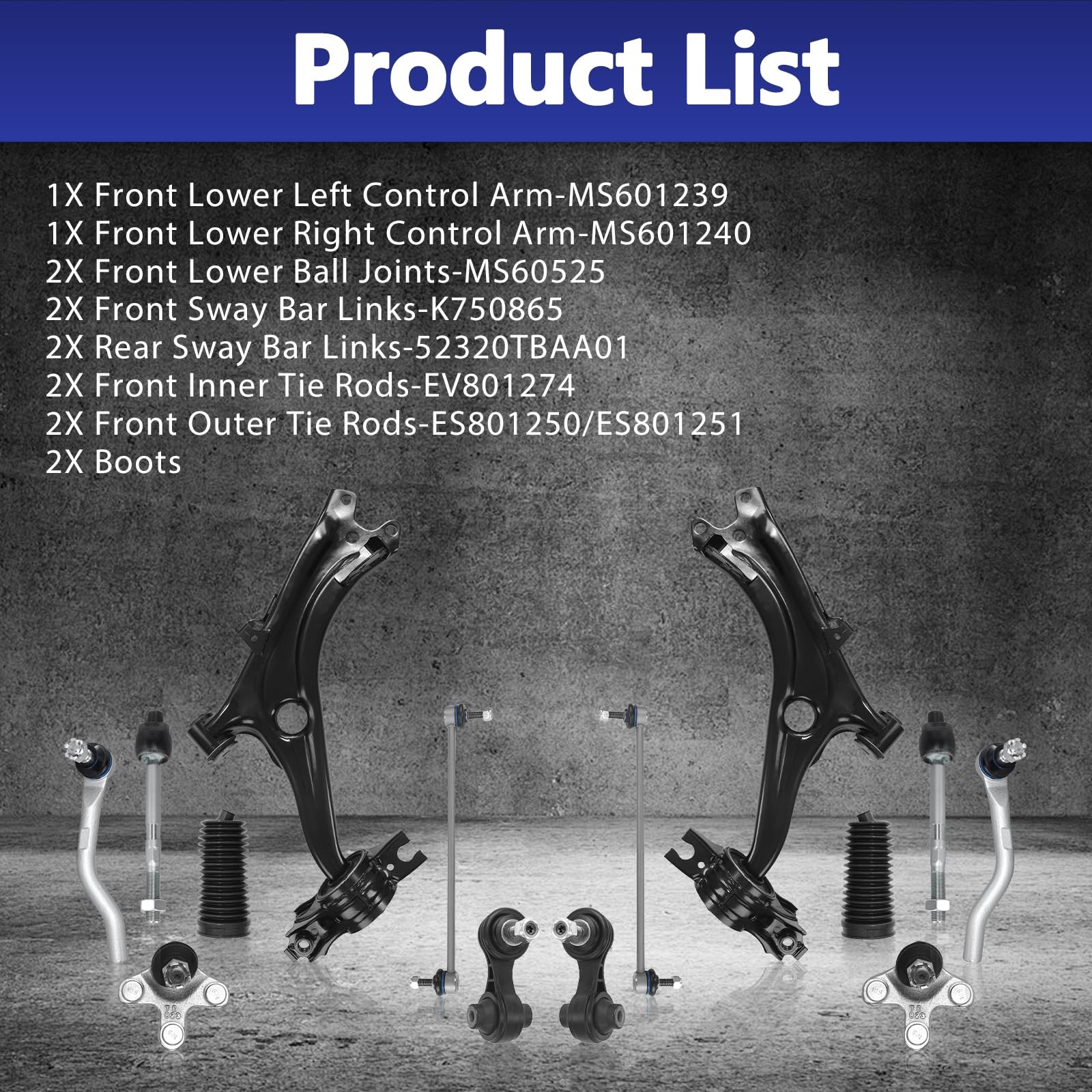 Front Lower Control Arm Ball Joint Sway Bar Tie Rod Boots 2016-19 Civic 12pc