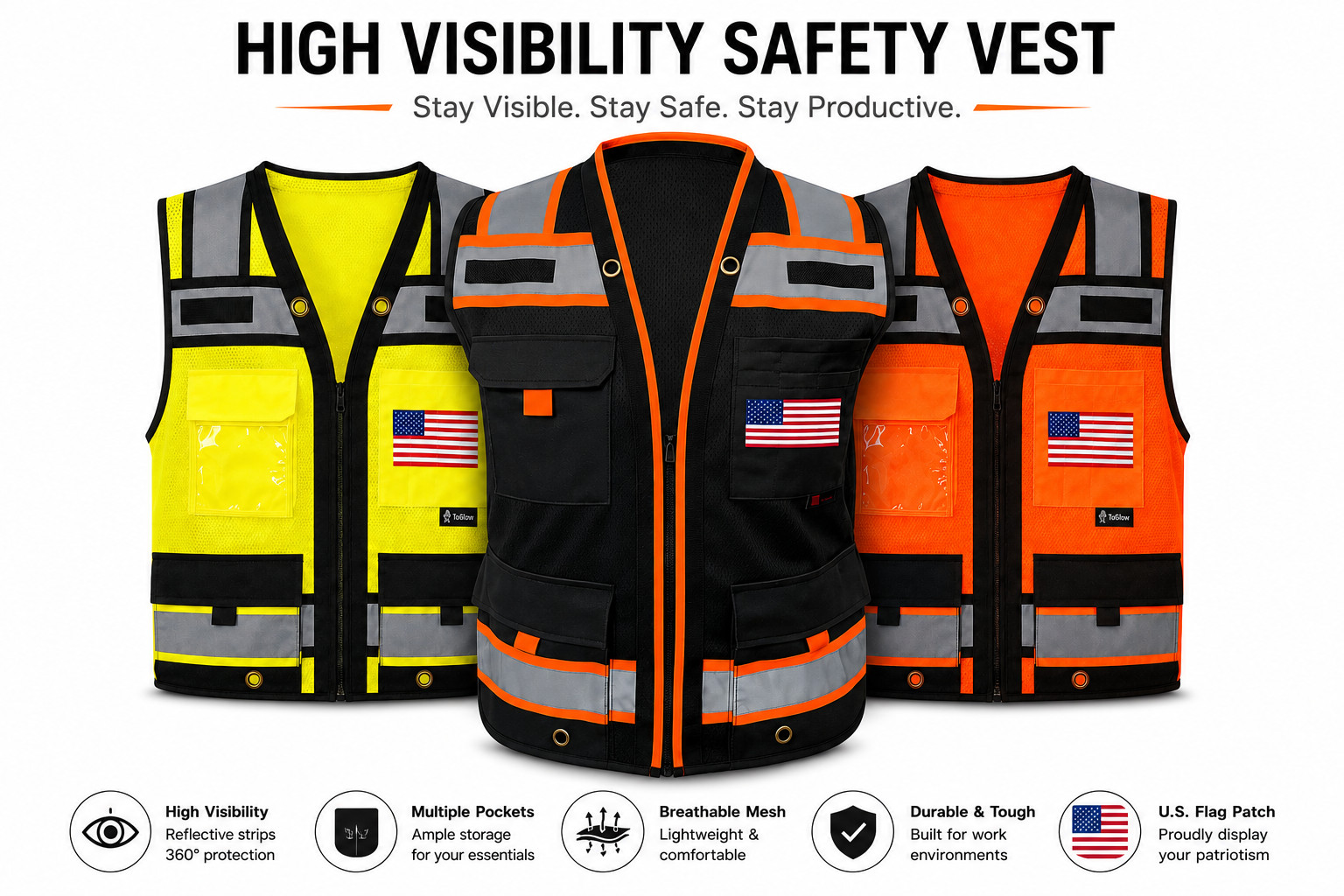 USA FLAG HIGH VISIBILITY Surveyor Two Tones Safety Vest Mesh front & back