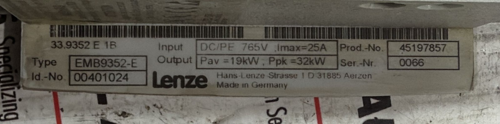 LENZE EMB9352-E **FOR PARTS ONLY** FINAL SALE – NO RETURNS ACCEPTED