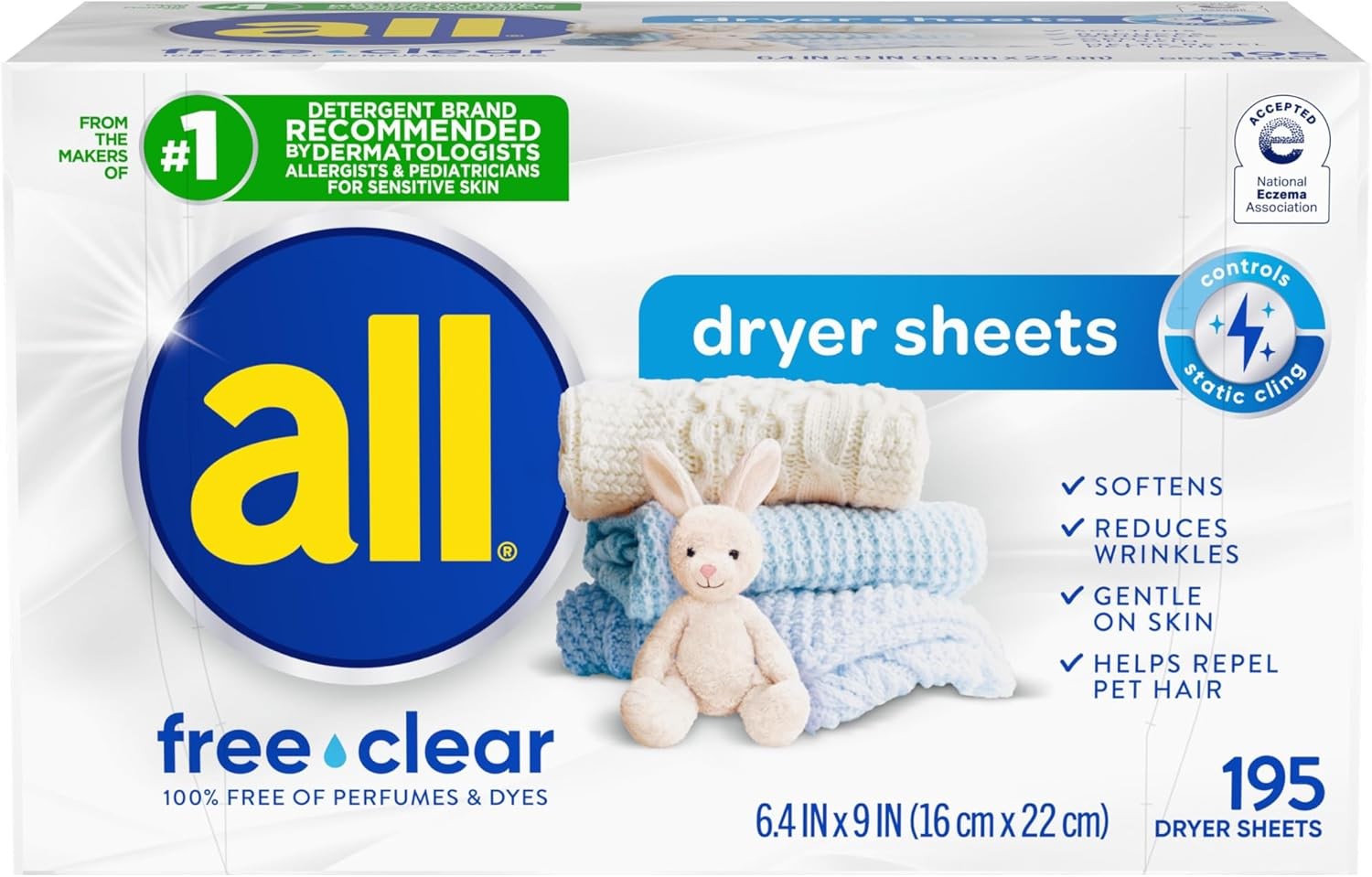 All Free Clear Unscented Fabric Softener Dryer Sheets, 195 Count