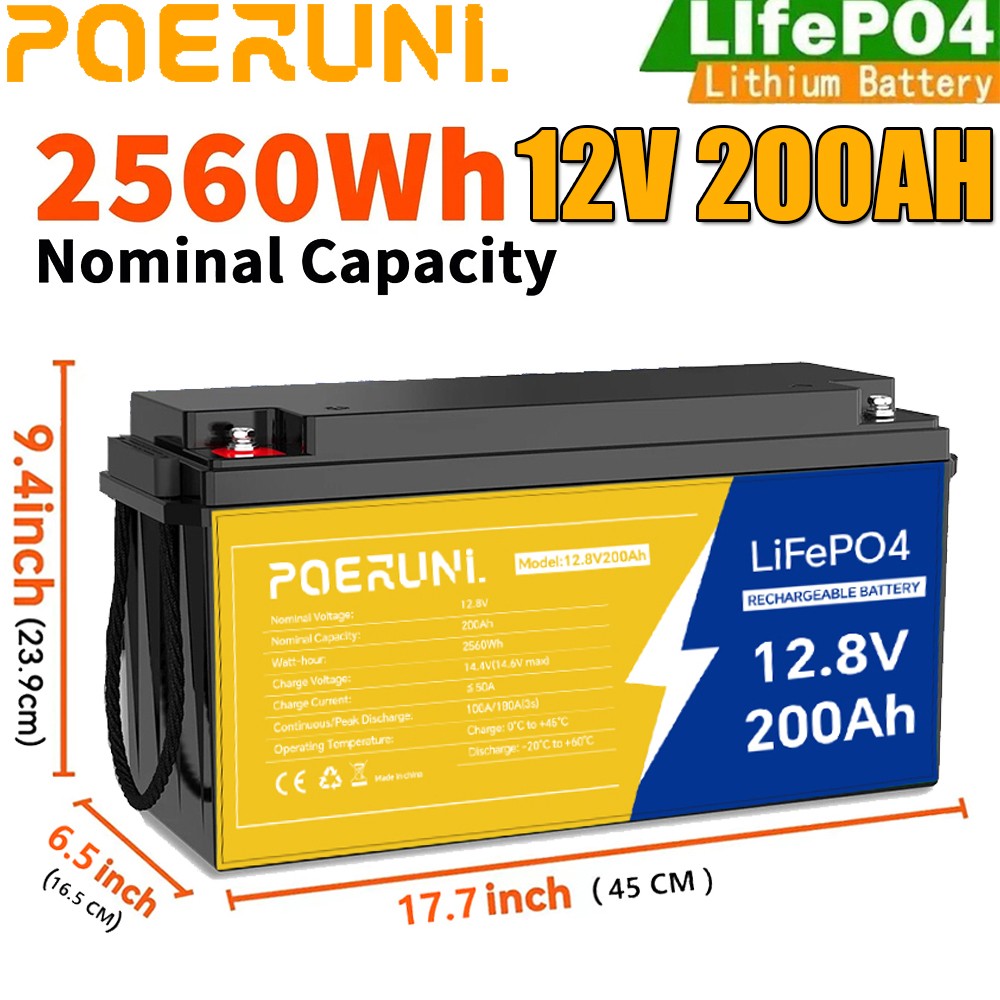 12V 200Ah LiFePO4 Lithium Battery Deep Cycle Built-in BMS for Solar RV Off-Grid