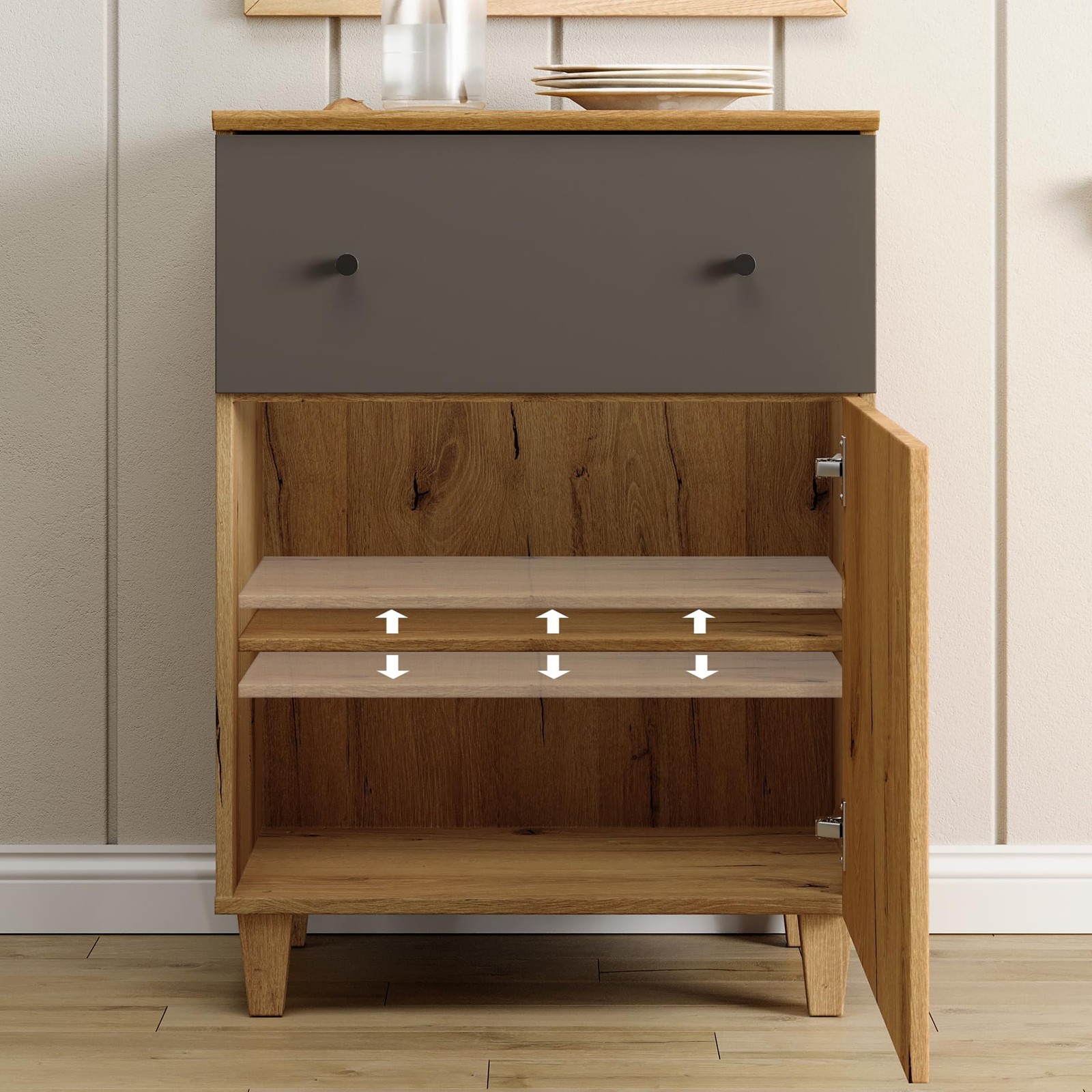 Set of 2 Storage Sideboard Cabinets Adjustable Shelves Oak Brown Dark Grey