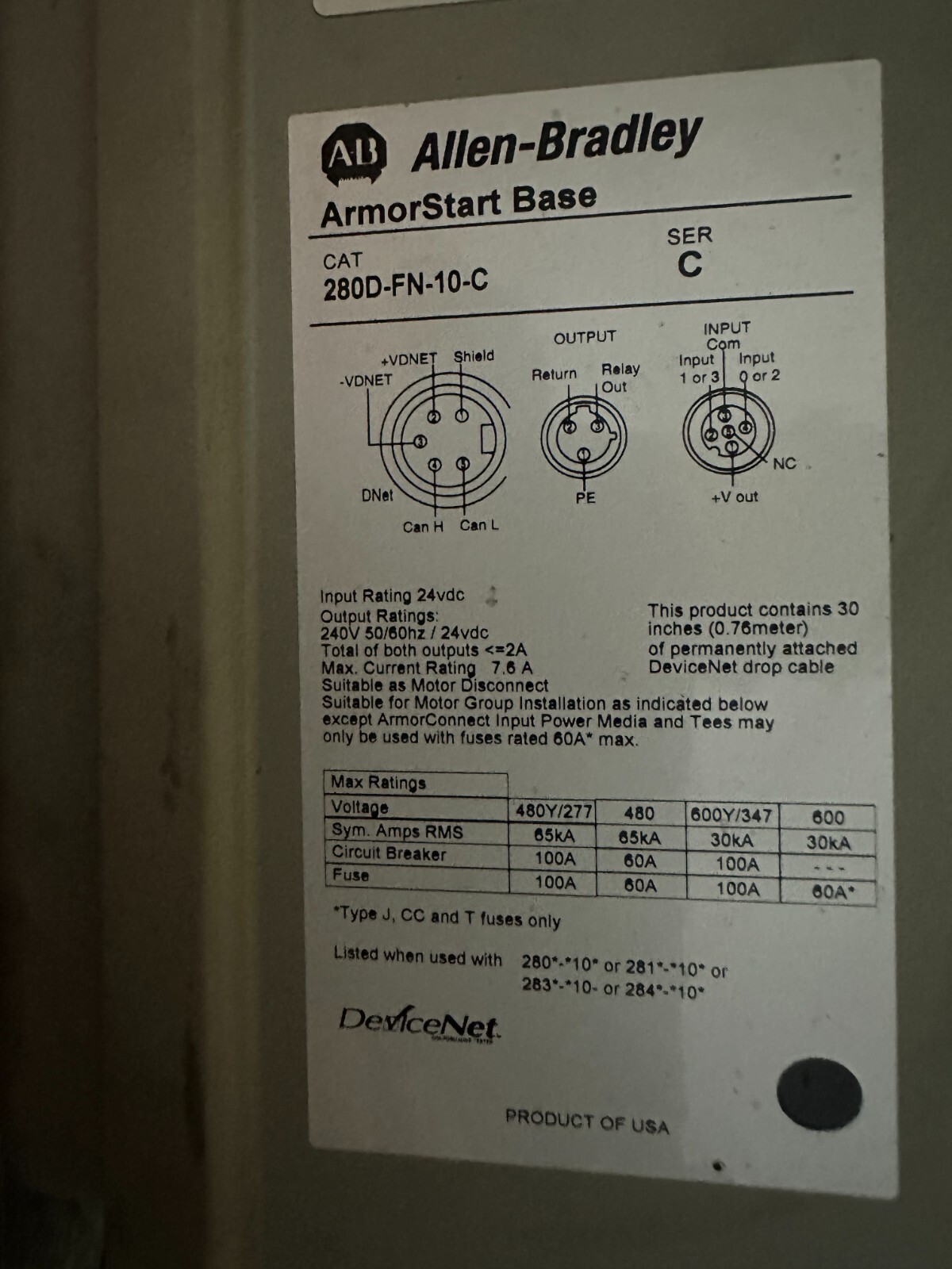 ALLEN BRADLEY 284D-FHD1P4D-10-CR SER C ARMORSTART CONTROL MODULE S/N: 1OA9E774