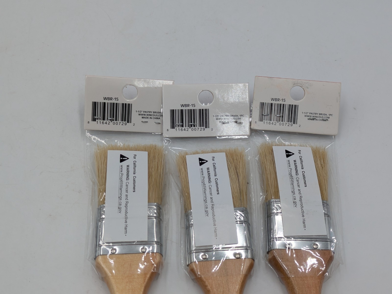 Lot of 3 Winco WBR-15 1-1/2 Natural Boar Bristles Pastry Brushes w/Wood Handle