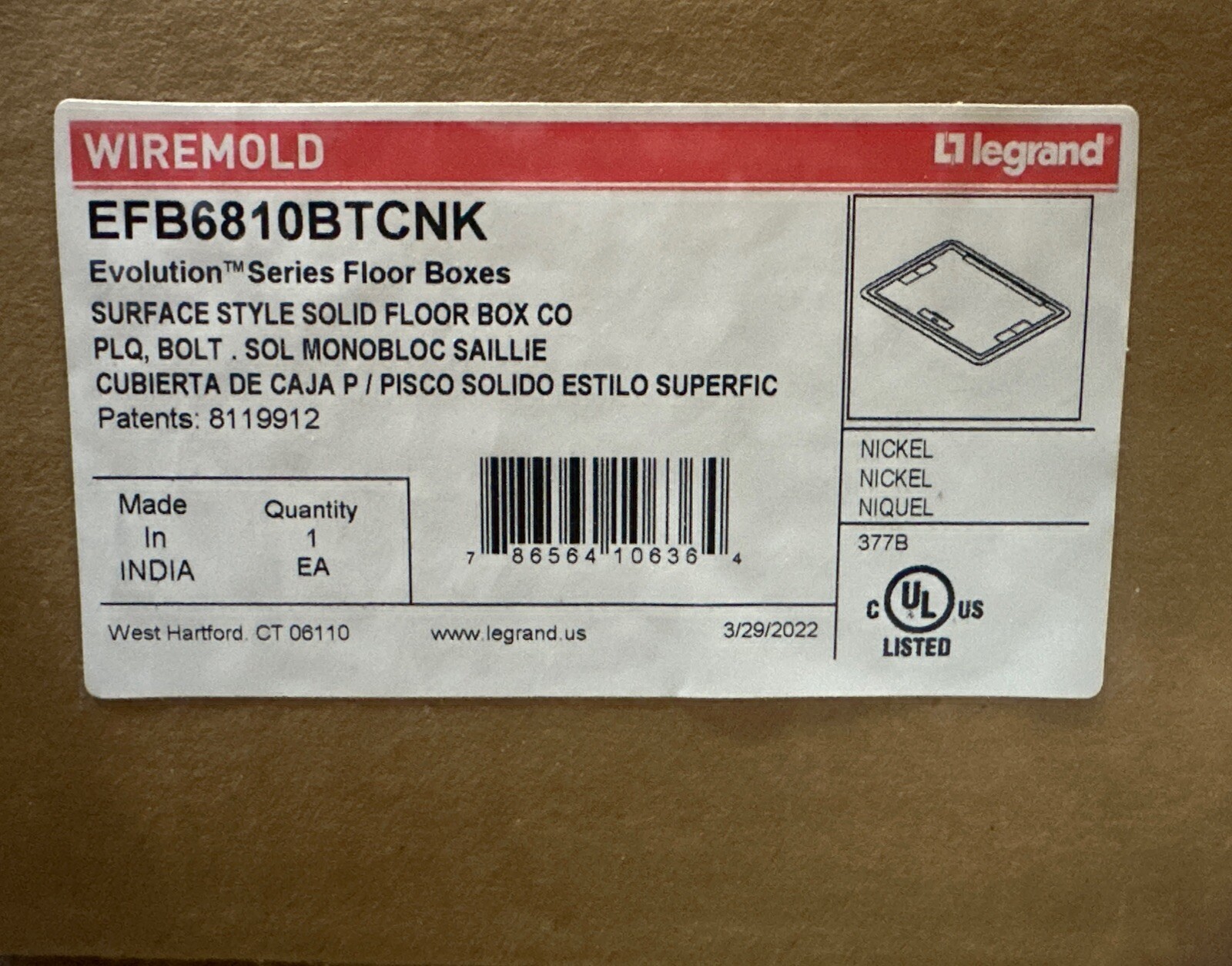 ⚡️Wiremold EFB6810BTCNK Evolution Floor Box Surface Style Nickel