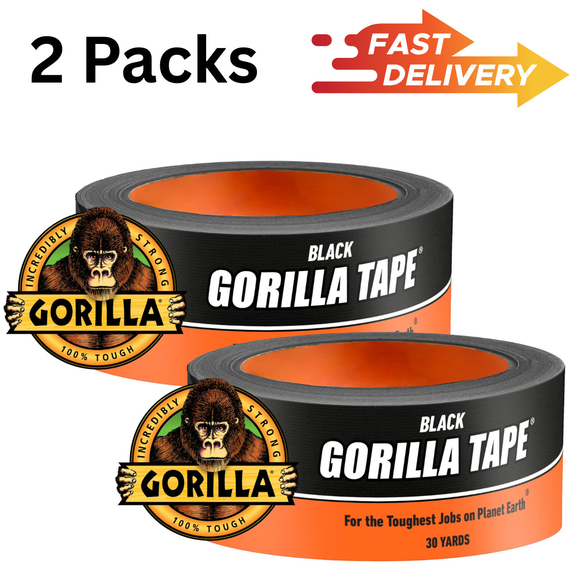 Gorilla 1.88 x 30 yard Black Tough Duct Tape Single Roll (2 Pack)
