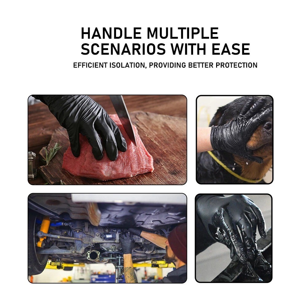 100X Black Nitrile Nitro Powder Free Disposable Gloves – Heavy Duty 6g Thickness