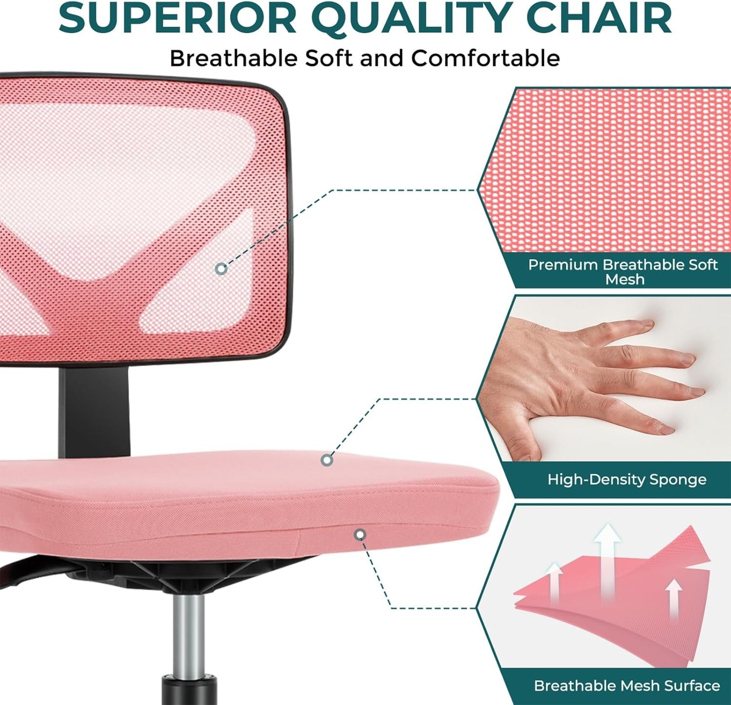 Ergonomic Hot Pink Armless Office Chair – Adjustable & Rolling for Small Spaces