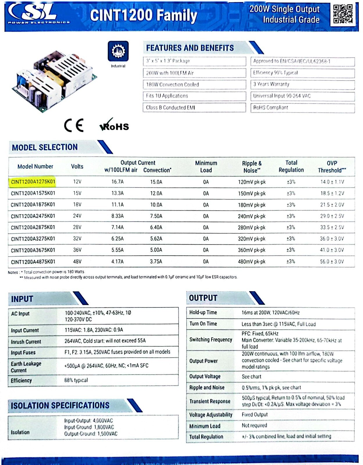 12VDC/16.A Power Supply , Model: CINT1200A1275K01, INPUT: 100-240VAC