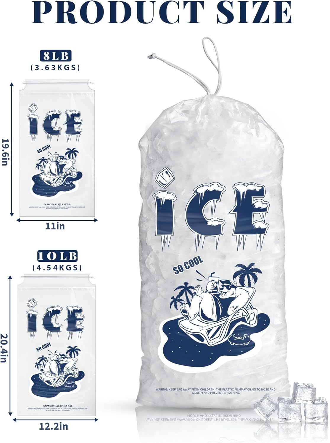 50 Pack Ice Bags 10 Lb, Heavy-Duty Ice Bags with Drawstring(2 Mils Thickness)