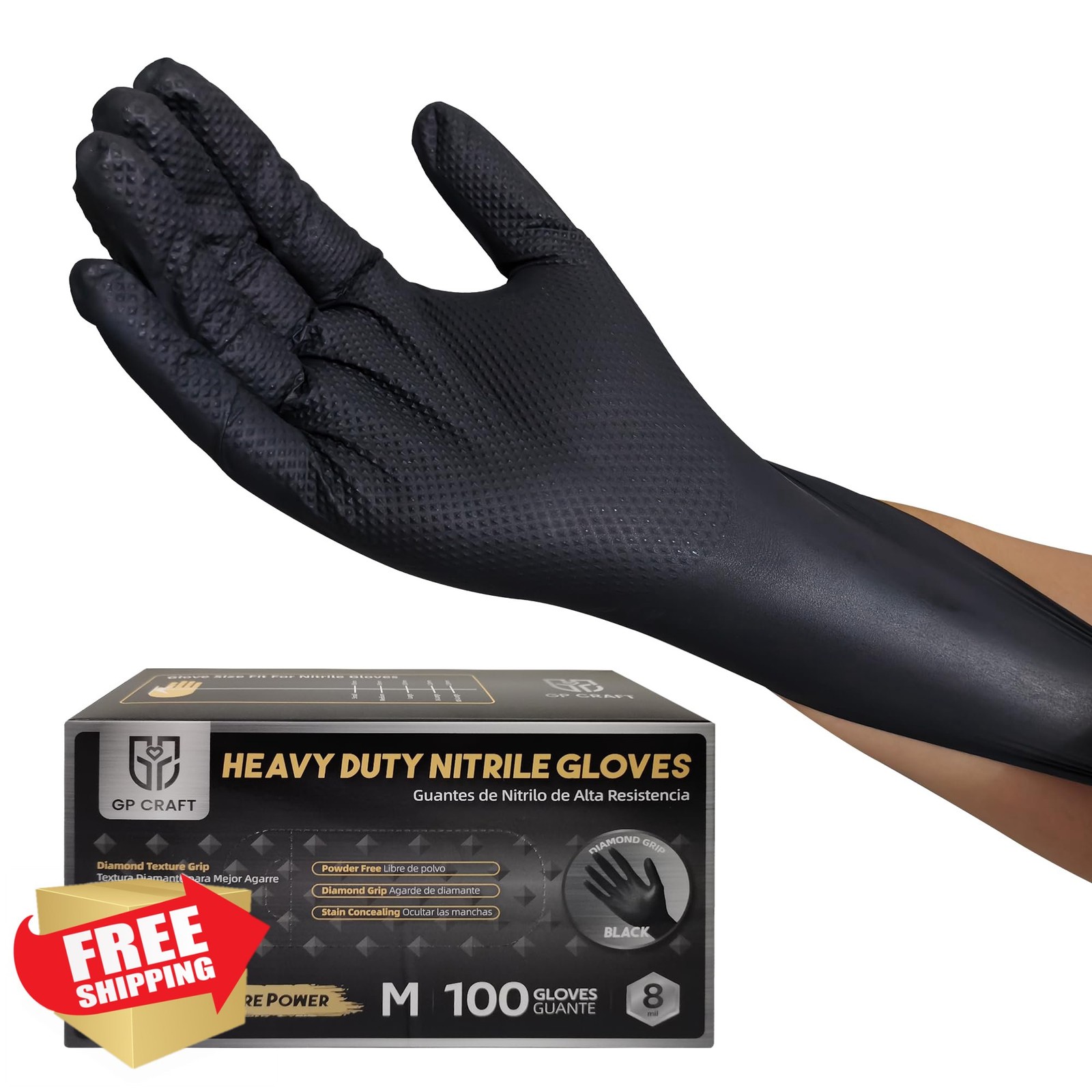 GP CRAFT Nitrile Gloves Heavy Duty Black Diamond Grip 8mil Puncture