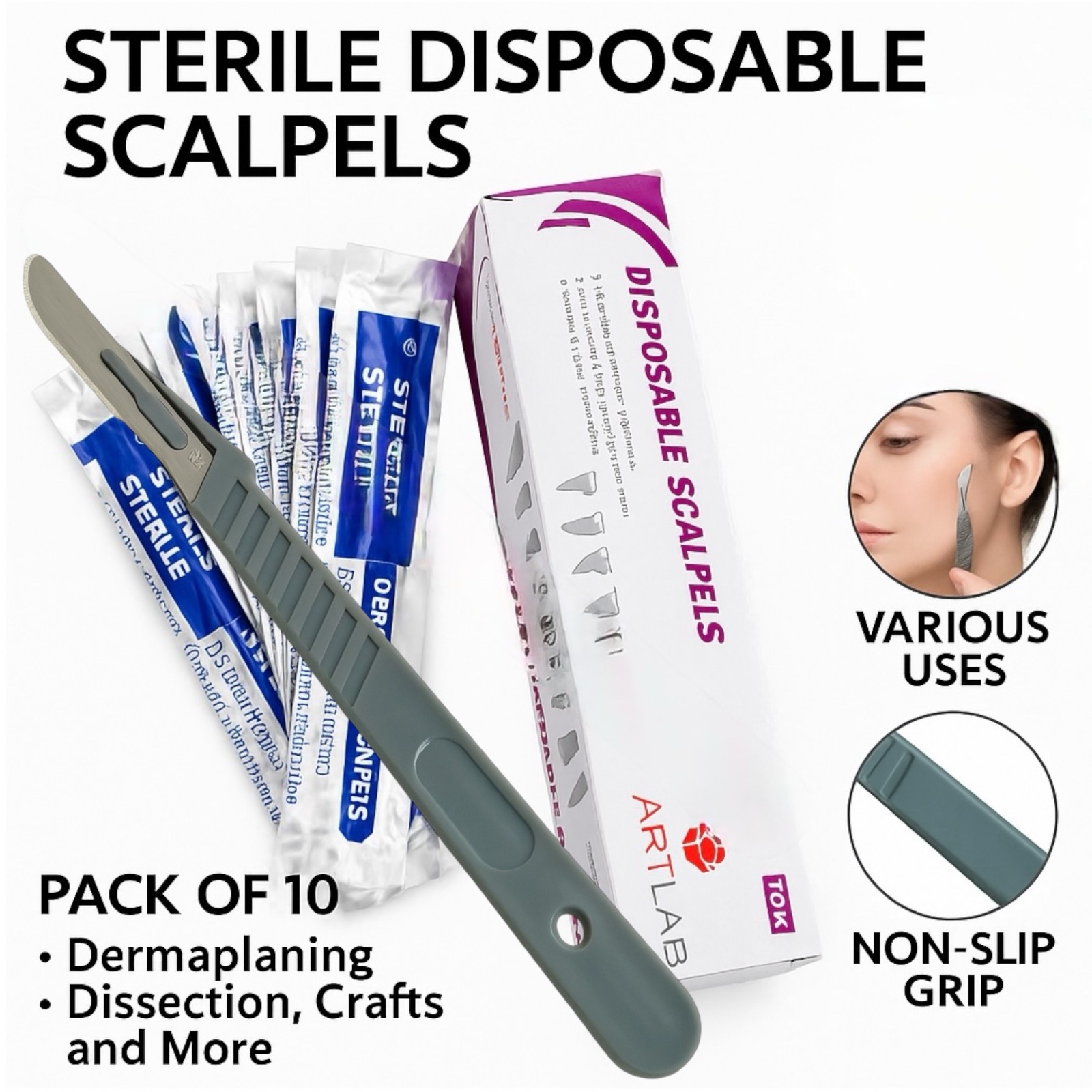 10 PCS STERILE DISPOSABLE SCALPELS #10-SINGLE USE-DENTAL, SURGICAL, DERMAPLANING