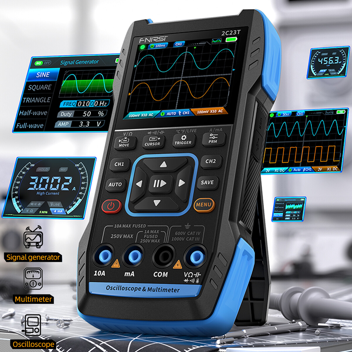 3-IN-1 FNIRSI 2C53T Advanced Version Dual Channel Digital Oscilloscope + 2 Probe