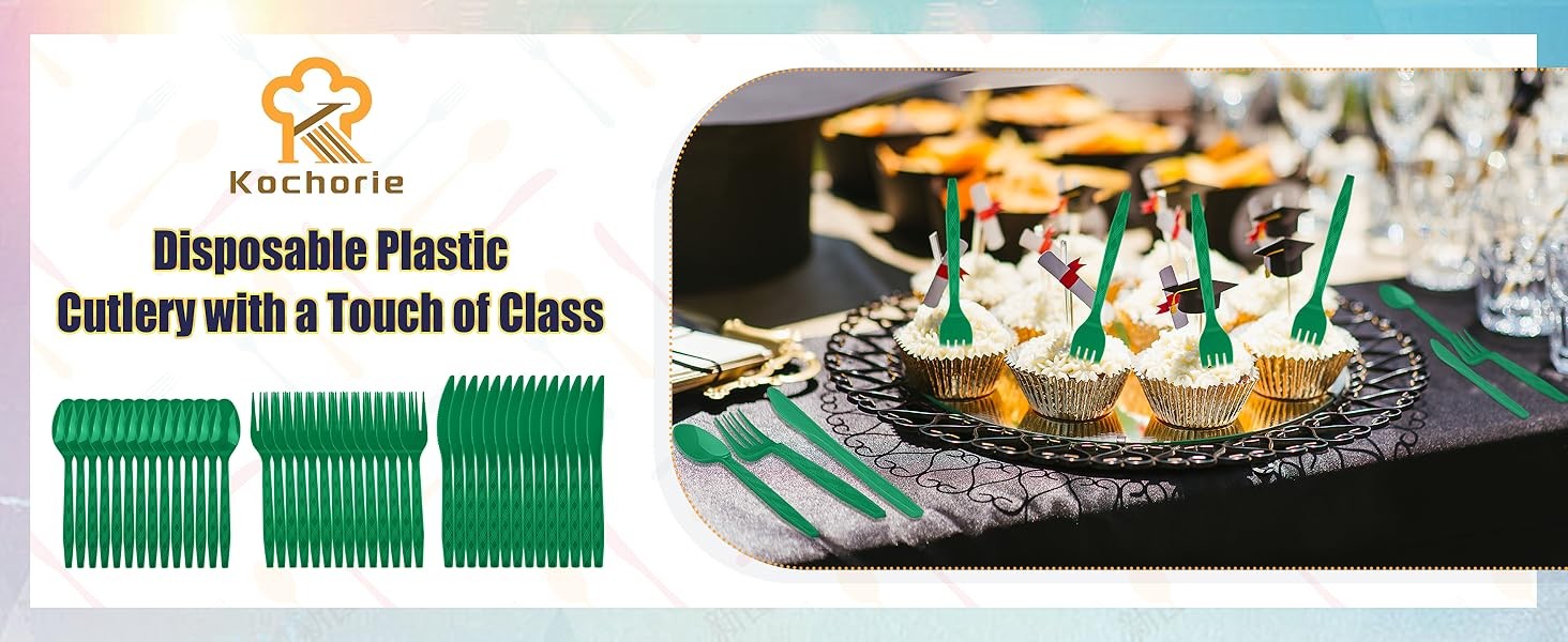 90 Pieces Dark Green Plastic Cutlery Set Disposable Plastic Utensils Heavy Duty