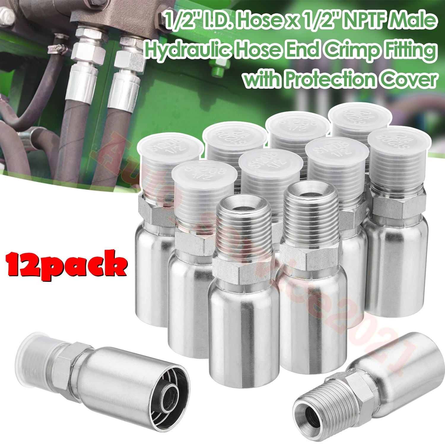 12-Pack 1/2″ Hose x 1/2″ NPTF Male Pipe Thread Hydraulic Hose End Crimp Fittings